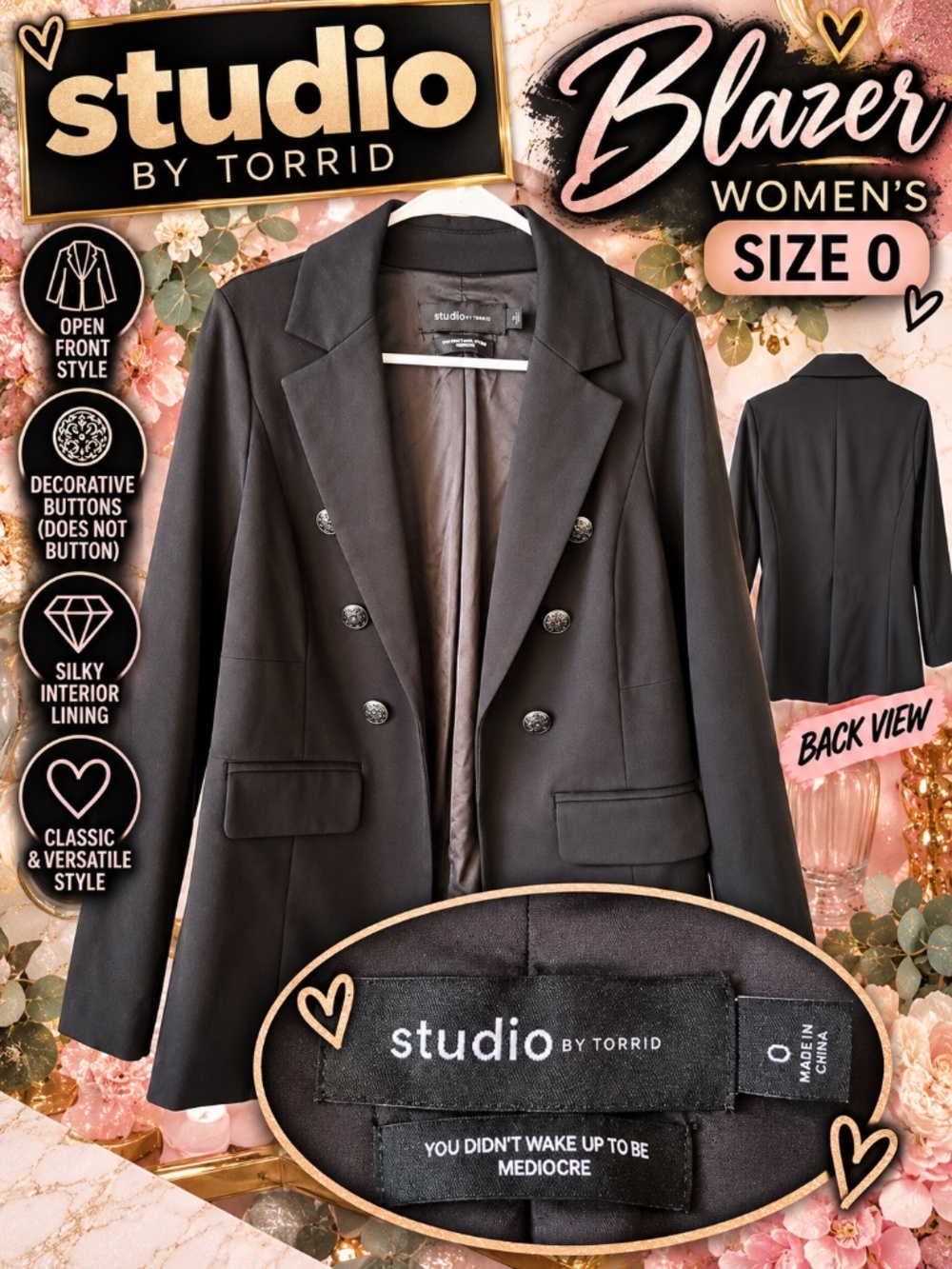 🖤 Studio by Torrid Black Open-Front Blazer Size 0 | Double-Breasted Look ✨